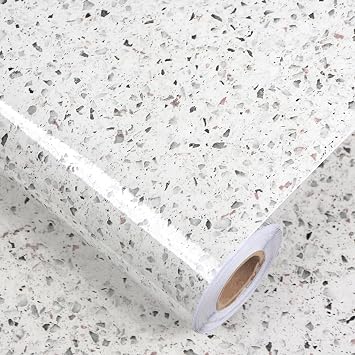 Gray White Granite Contact Paper 400" X 16" Terrazzo Wallpaper Peel and Stick Countertops Self Adhesive Waterproof Vinyl Film for Kitchen Counters Bathroom Counters Wall Paper