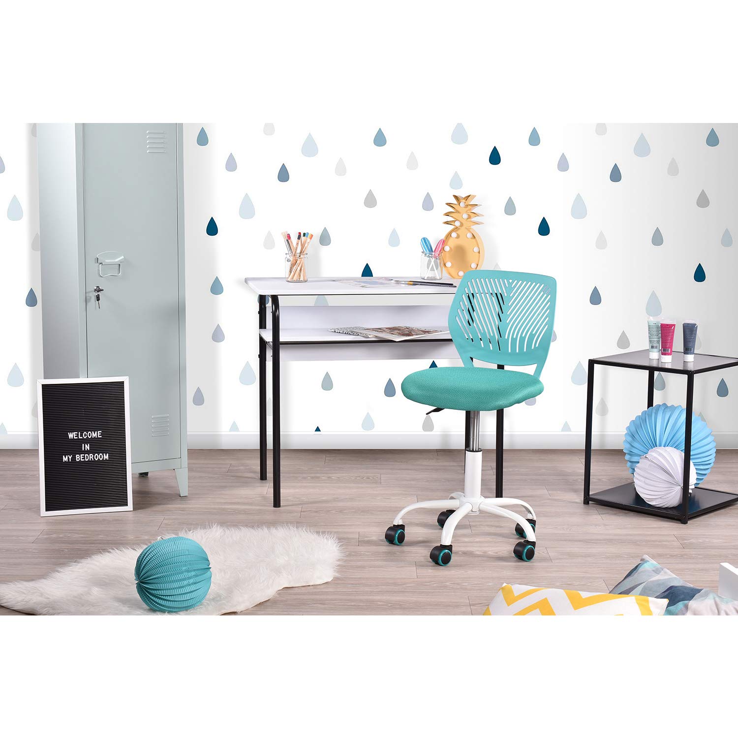 FurnitureR Sedia da ufficio regolabile in altezza, sedia da studio girevole senza braccioli, per ufficio, camera da letto, studio, 40 x 38,5 x 87 cm, turchese