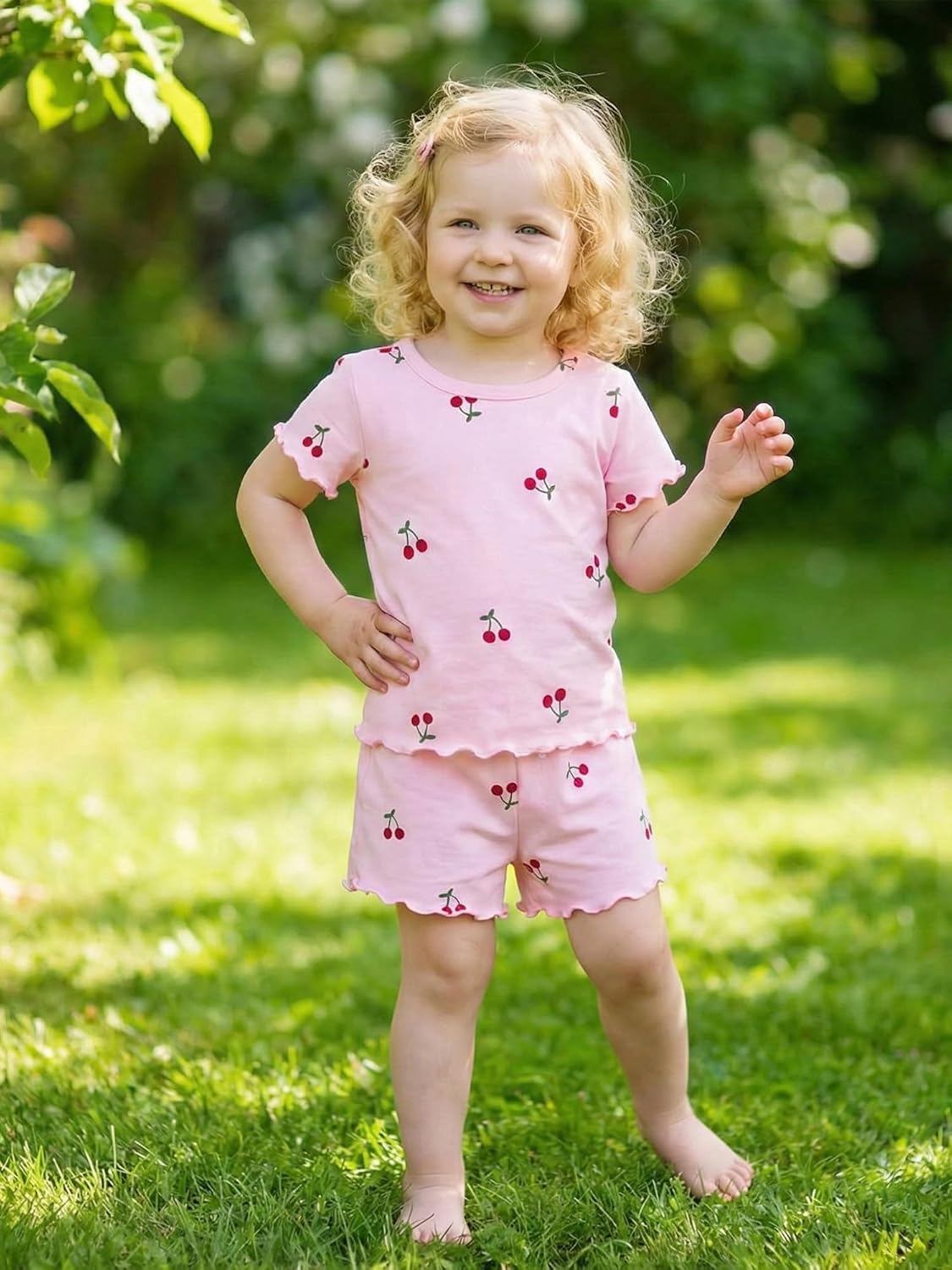 Toddler Baby Girl Summer Clothes Cute Ruffle Cherry Cotton Short Sleeve T-shirt Tops + Shorts Playwear Outfits - Image 2
