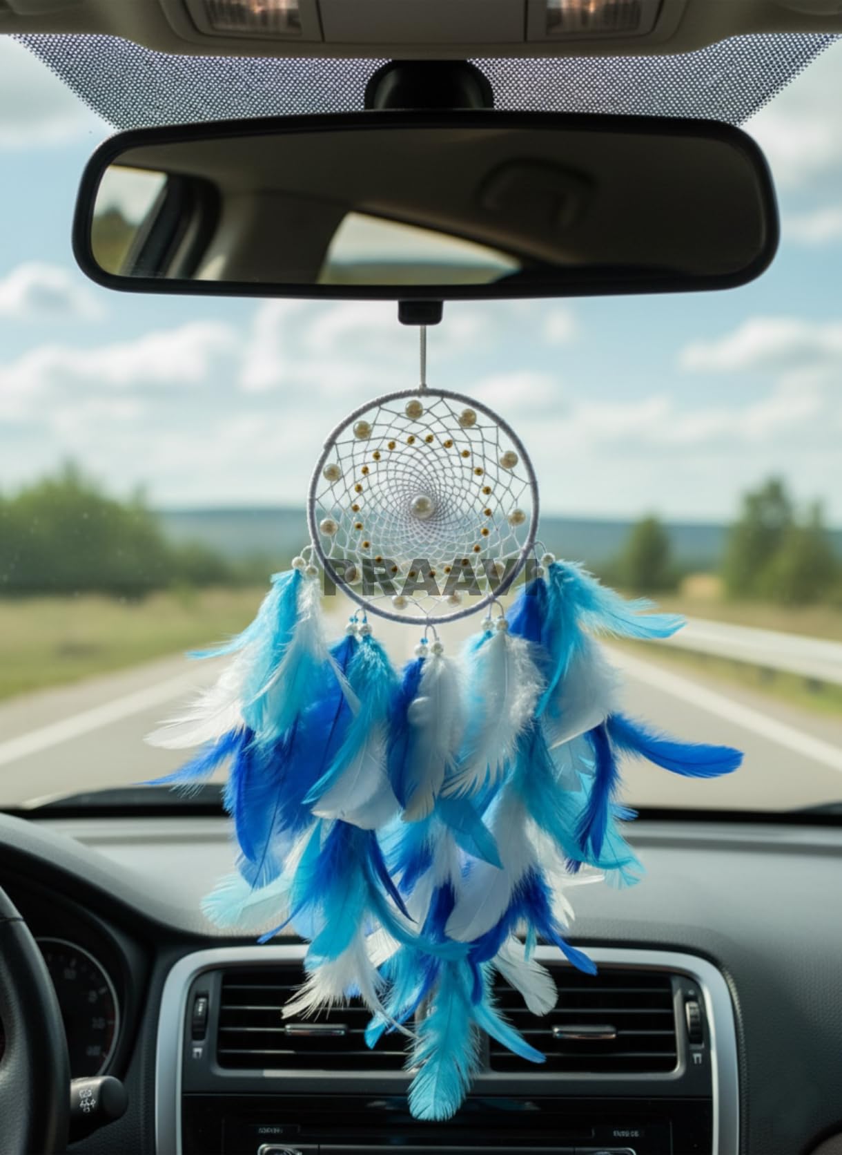 Handmade Dream Catcher Car Hanging for Rear View Mirror | Blue & White Feather Car Decor with Pearls | Boho Lucky Charm, Evil Eye Protector | Car Interior Accessories (25 cm)-image-33