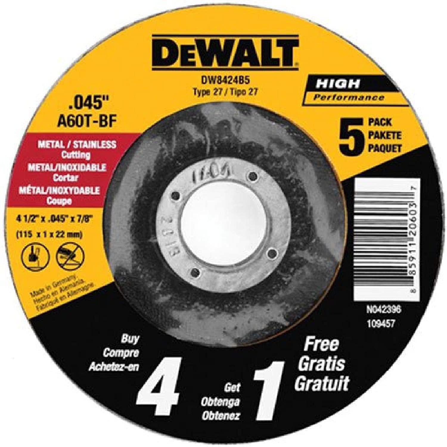 DeWalt Accessories DW8424B5 5PK 4.5" MTL Cut Wheel,