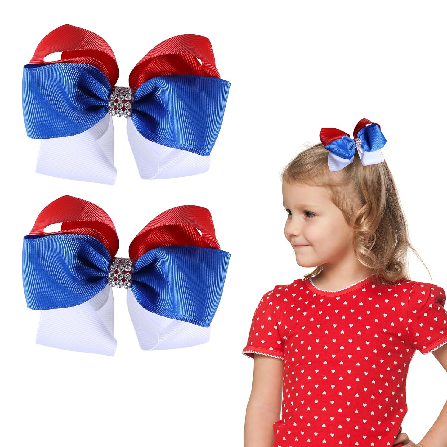 Patriotic Bow Hair Clips Handmade 4th of July Hair Bows Girls Hair Accessories for Independence Day,Red&White&Blue - Image 2