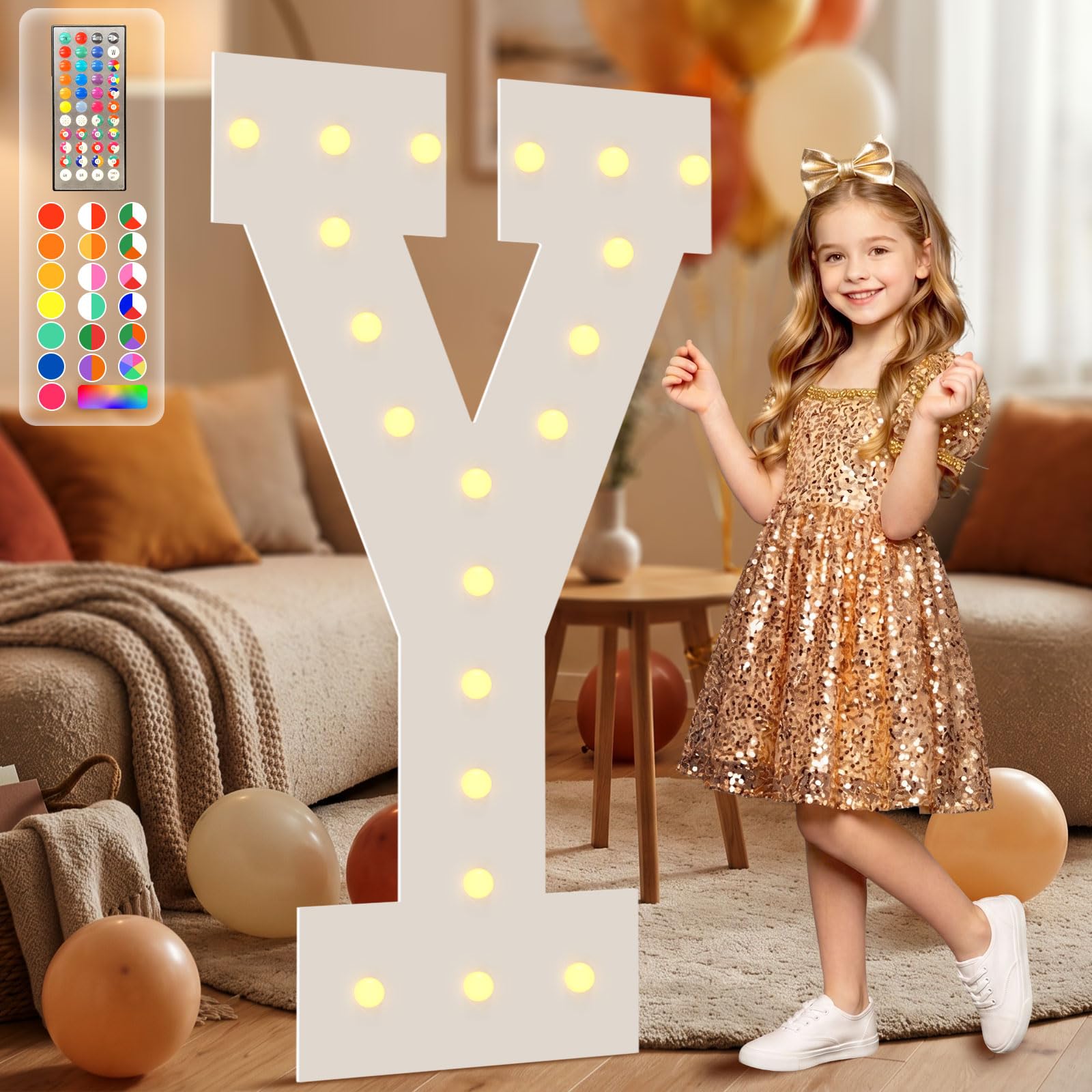 4FT Marquee Light Up Letters, 34 Colors Changing Marquee Letters Y with Remote,Weighted Water Bag, Pre-Cut Foam Board Set Can Be Used for Birthday Party Grad Prom Party Decoration Wedding Event Baby