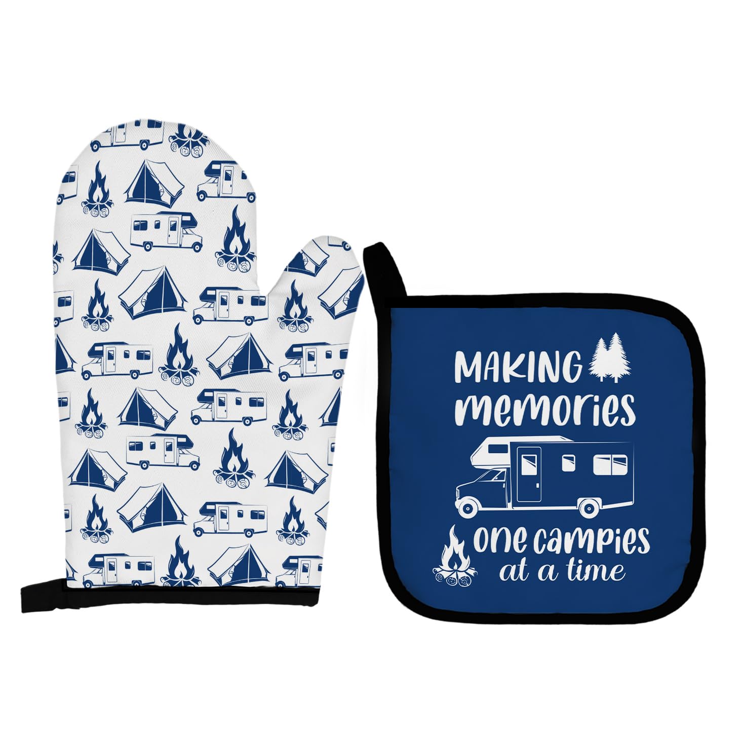 Qeheb RV Camping Gifts Blue Oven Mitts and Pot Holders Sets, Camper Gifts Oven Mitts, Making Memories One Campies at a Time Over Mittens for Kitchen