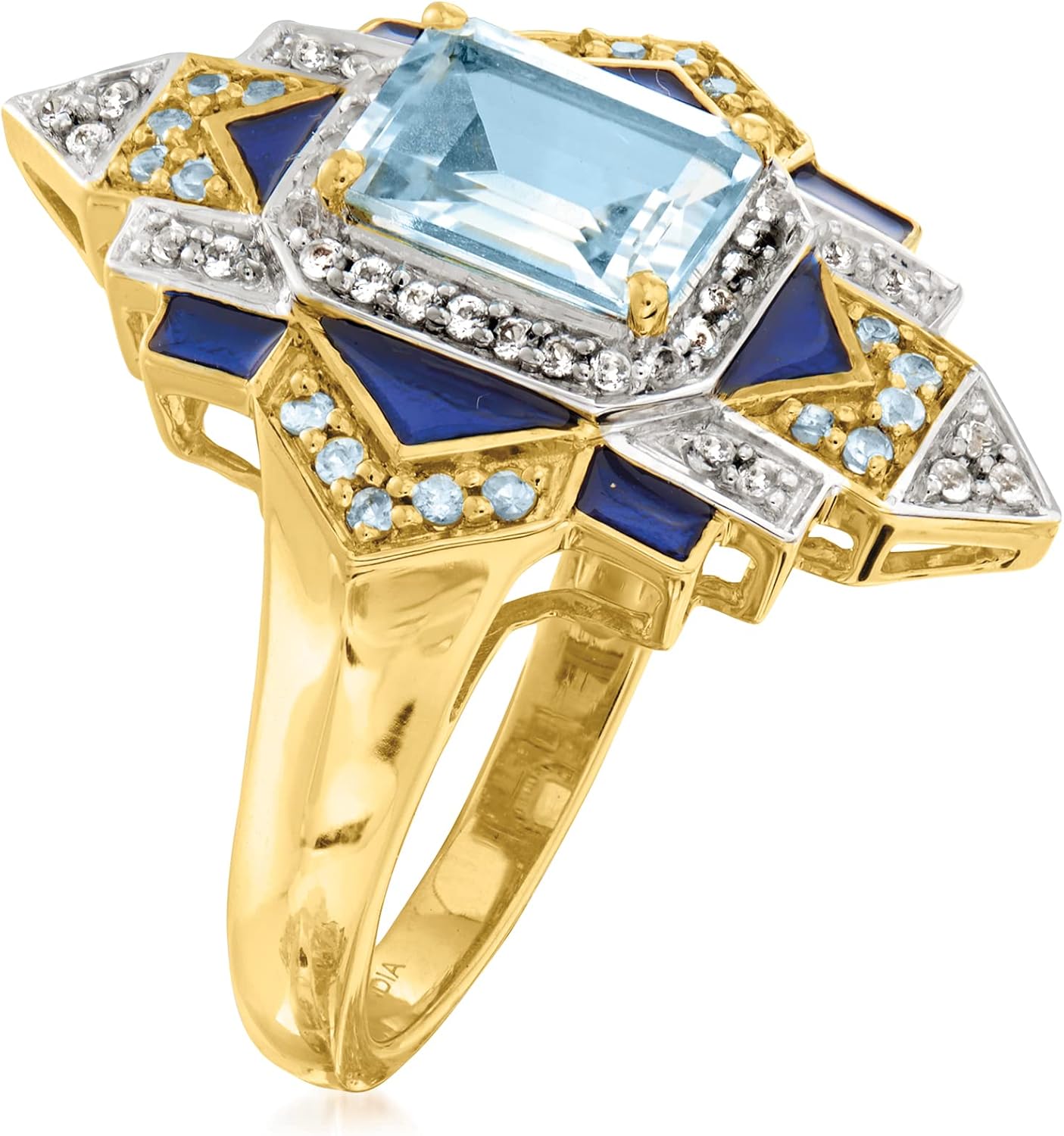 Ross-Simons 2.10 ct. t.w. London Blue, Sky Blue and White Topaz Ring With Blue Enamel in 18kt Gold Over Sterling