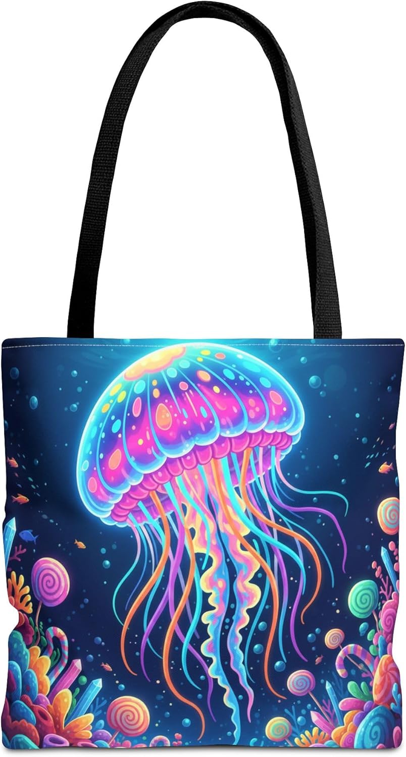 Premium Neon Jellyfish Tote Bag with Reinforced Stitching on Handles - Candy-Colored Coral Reef Design