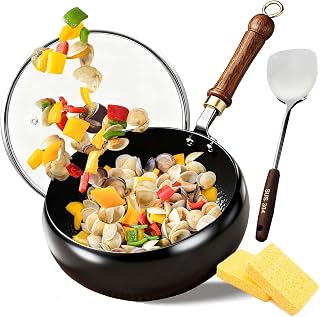 Jinswhdre Cast Iron Skillet, Japanese Iron Pan, Multi-purpose Large Capacity Hand-Forged Non-Coated Frying Pan with Lid and Wooden Handle, for Gas Stoves Induction Hobs (Glass Lid,11.02IN)