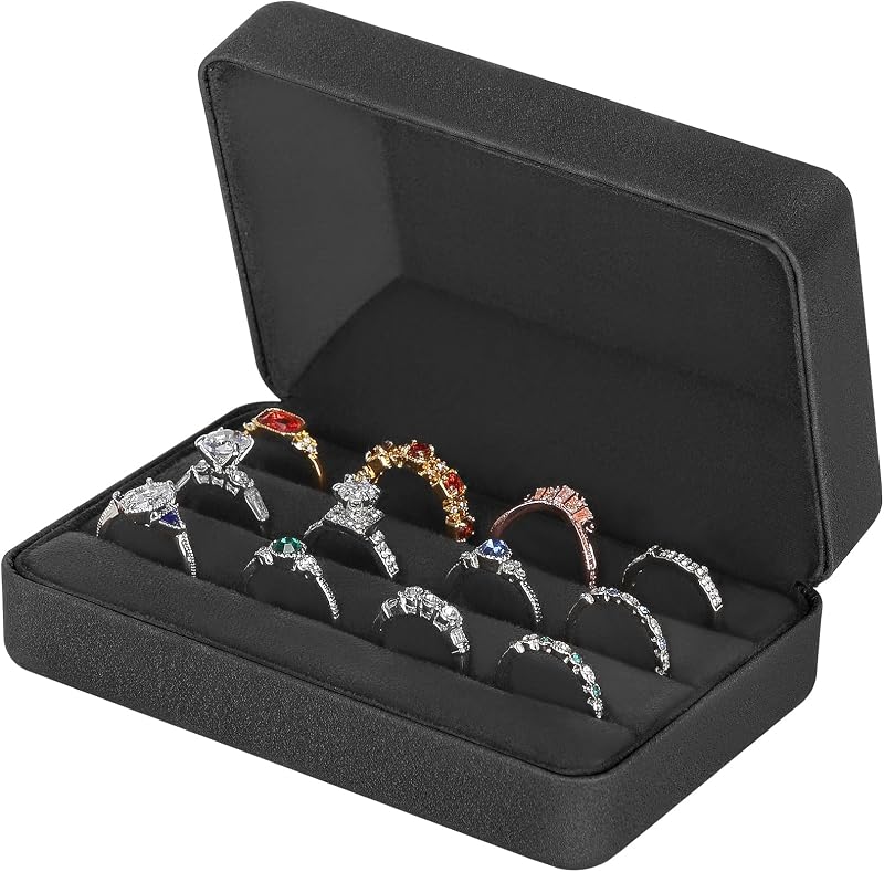 KUKUVR Velet Jewelry Ring Storage Box for Multiple Rings (Black) | Travel Jewelry Case with 3 Slot Ring Display Organizer