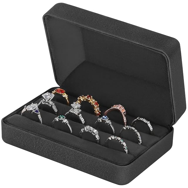 Velet Ring Storage Box Travel Jewelry Case with 3 Slot Ring Display Organizer Black