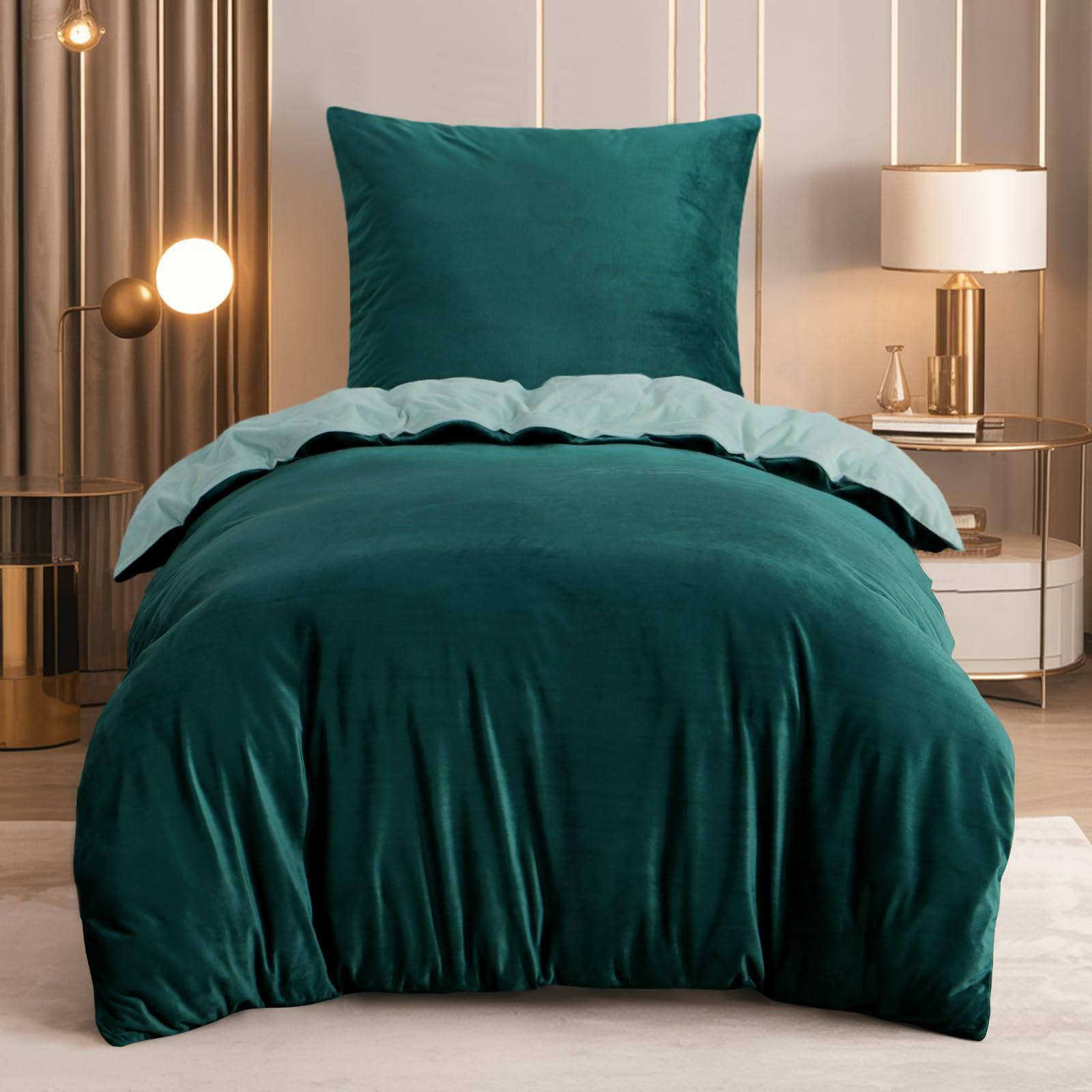 RUIKASI Flanell Winter Bettwäsche 135x200 Grün Warm WinterBettwäsche | 2tlg Kuschel Plüsch Fleece 1 Bettbezug 1 Kissenbezüge 80x80 mit Reißverschluss, Wendebettwäsche Bedding,OEKO-TEX