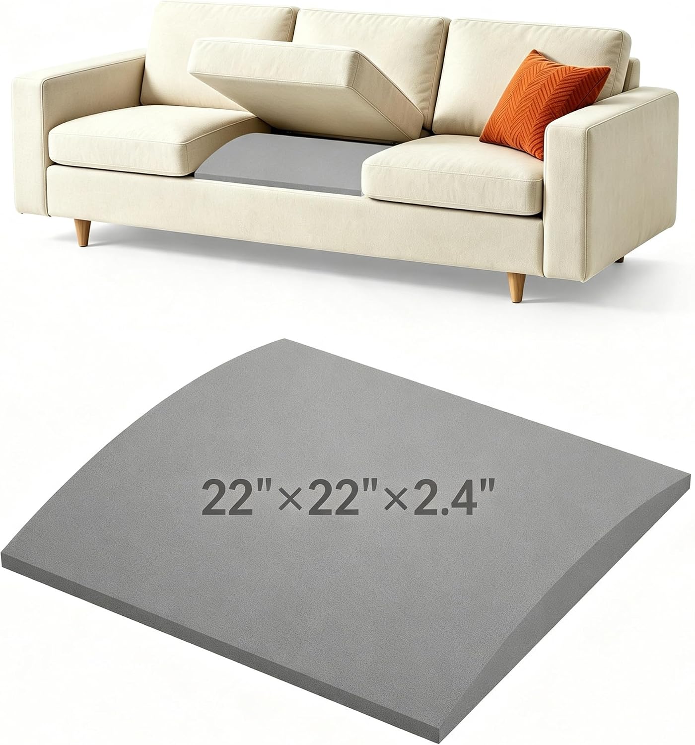Couch Cushion Support 22"x22"x2.4" Couch Support 1Pack Gray Curved | Couch Supports for Sagging Cushions 45D High Density Foam Couch Cushion Replacement for Heavy Couch Sagging Repair