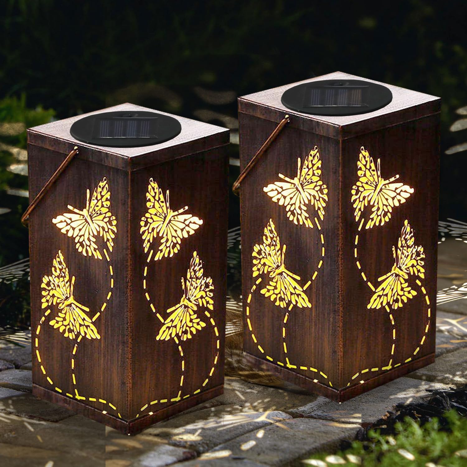 Photo 1 of Solar Lanterns Metal Butterfly Garden Decor,2 Pack Butterfly Solar Lights Waterproof Outdoor Hanging Lantern Decorations for Patio Lawn Yard Decorative Butterfly Gifts for Mom Women Grandma
