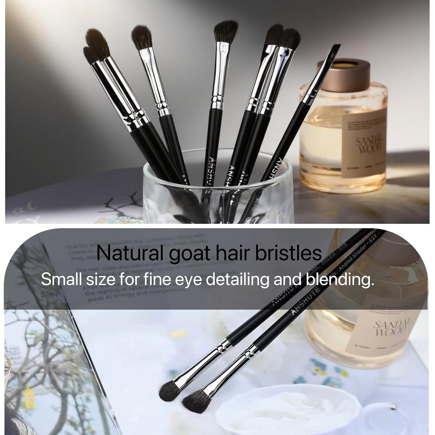 7-Piece Natural Goat Hair Professional Eye Brush Set, Small size Bristles, Eyeshadow, Eyeliner, Concealer, Precise Makeup Application, Super Soft Bristles, Semi-matte Black Wood Handle
