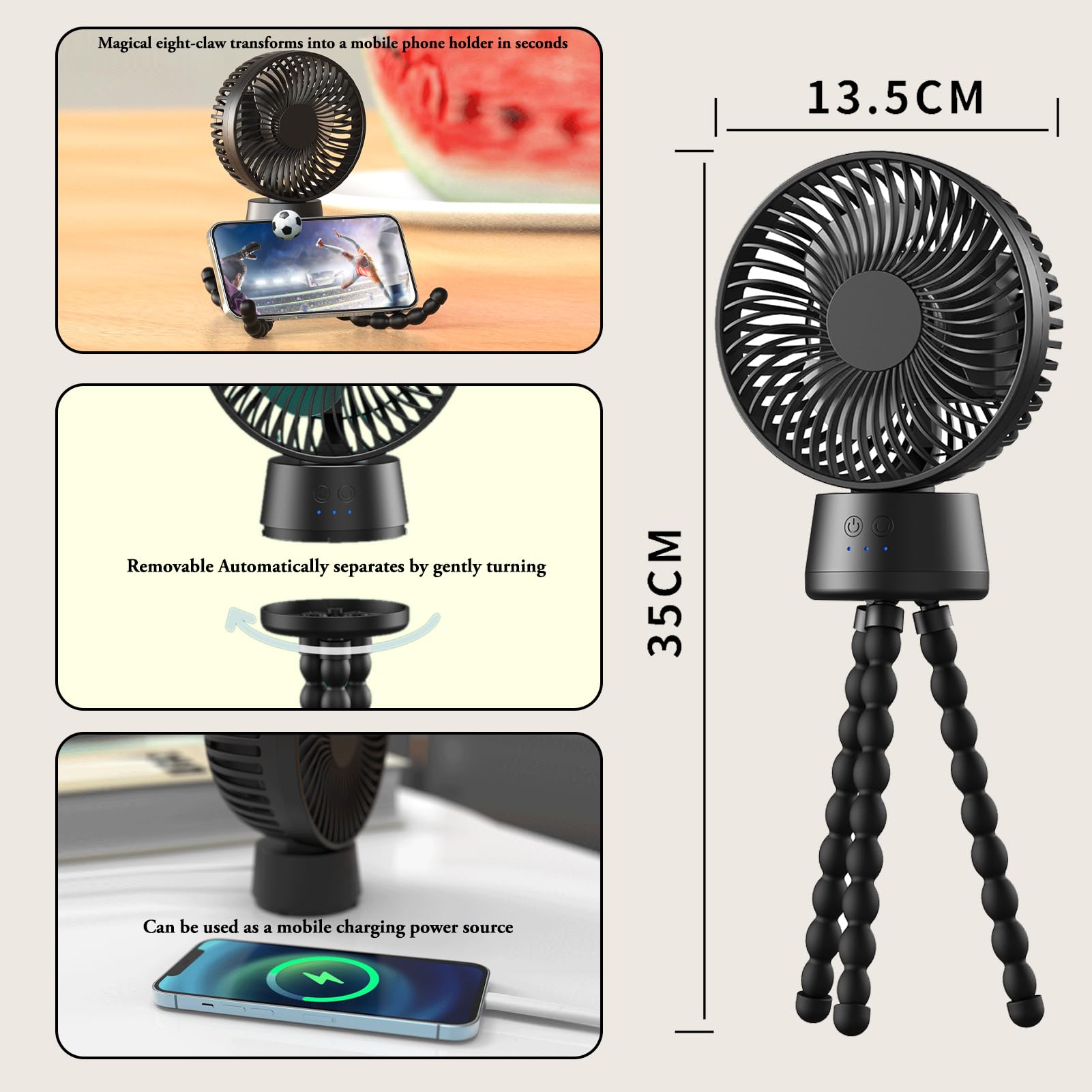 10000 mAh Ventilatore Passeggino, Oscillazione Automatica | Ventilatore Portatile Passeggino con Luce Notturna,3 Velocità,Treppiede Flessibile,Ventilatore Silenzioso,Nero
