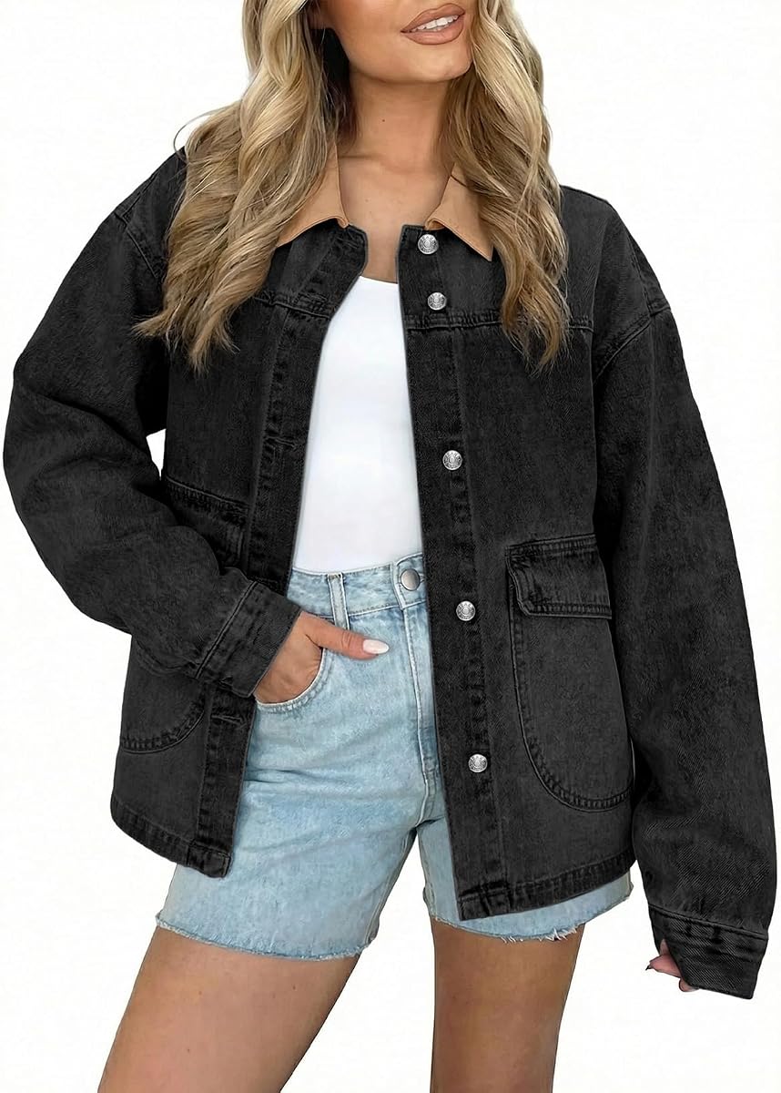 EVALESS Womens Oversized Jean Jacket Button Down Barn Jackets | Soft Denim Contrast Trim Fabric Barn Jackets, Trendy Boyfriend Jean Jacket Women, Cozy Western Outfit