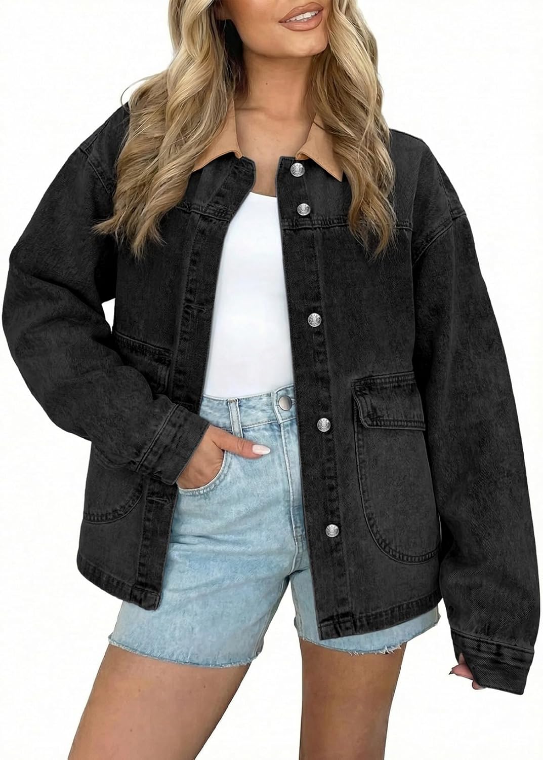 EVALESS Women's Oversized Jean Jacket Button Down Contrast Trim Barn Jackets Trendy Boyfriend Denim Jacket With Pockets