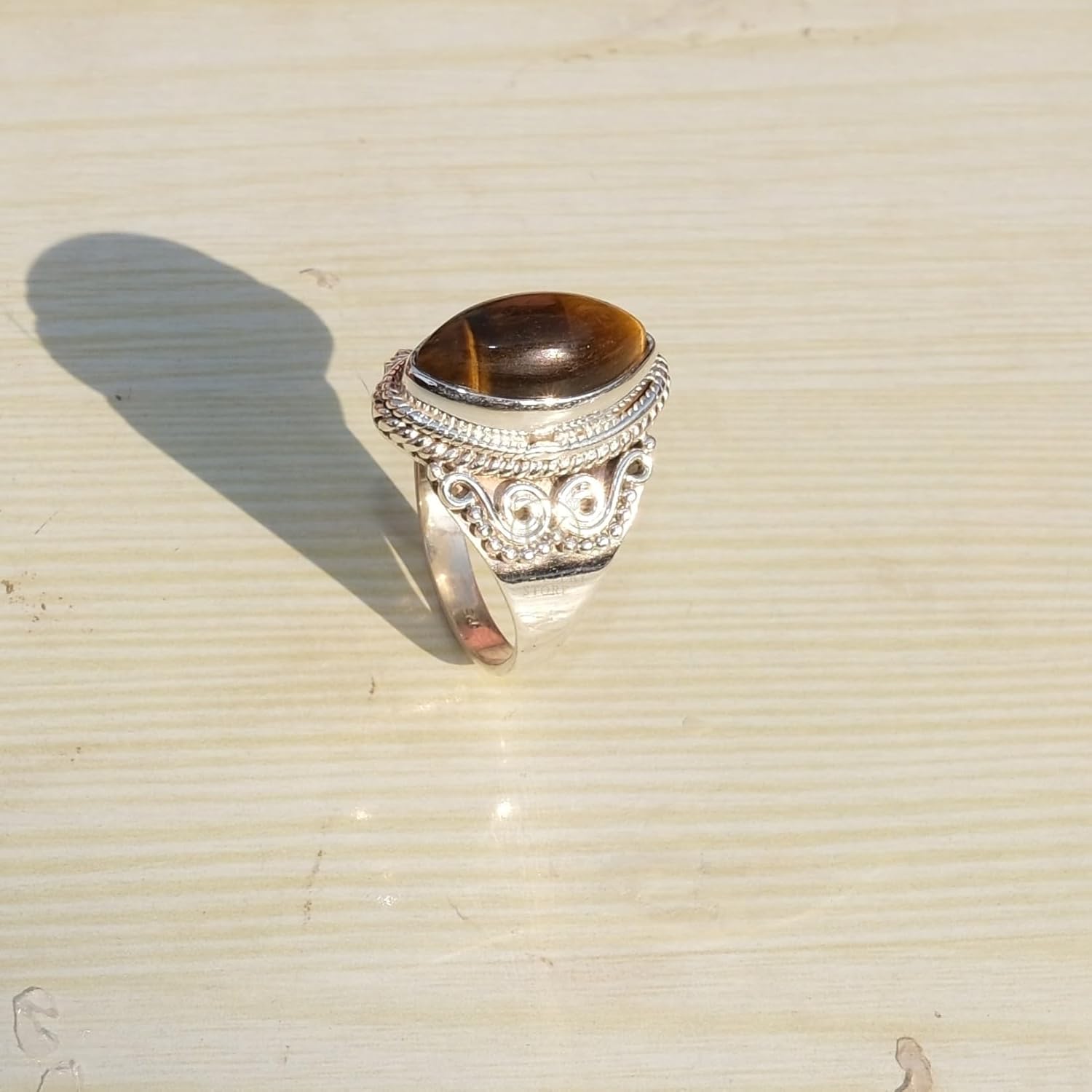 Natural Tiger Eye Brown Stone 925 Sterling Silver Handmade Boho Stacking Ring Gift Jewelry For Wife Mom Girlfriend