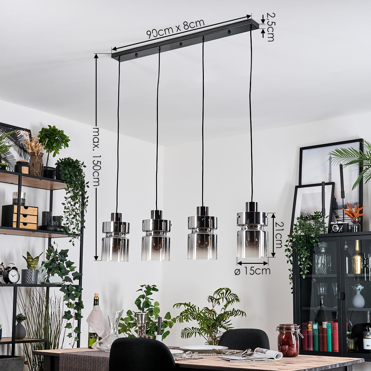 HOFSTEIN Hängeleuchte Hasvik, 4-flammige Hängelampe aus Metall/Glas in Schwarz/Chrom/Rauch, Retro/Vintage-Design (Ø 15 cm), E27, Pendelleuchte höhenverstellbar bis 150 cm, Esszimmer, Wohnzimmer, Küche