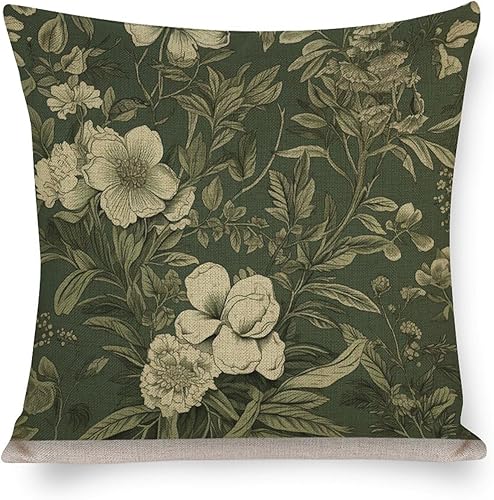 MaSiledy Funda de cojín de lino verde oliva botánico floral Toile para decoración del hogar al aire libre, almohada francesa vintage de 18 x 18