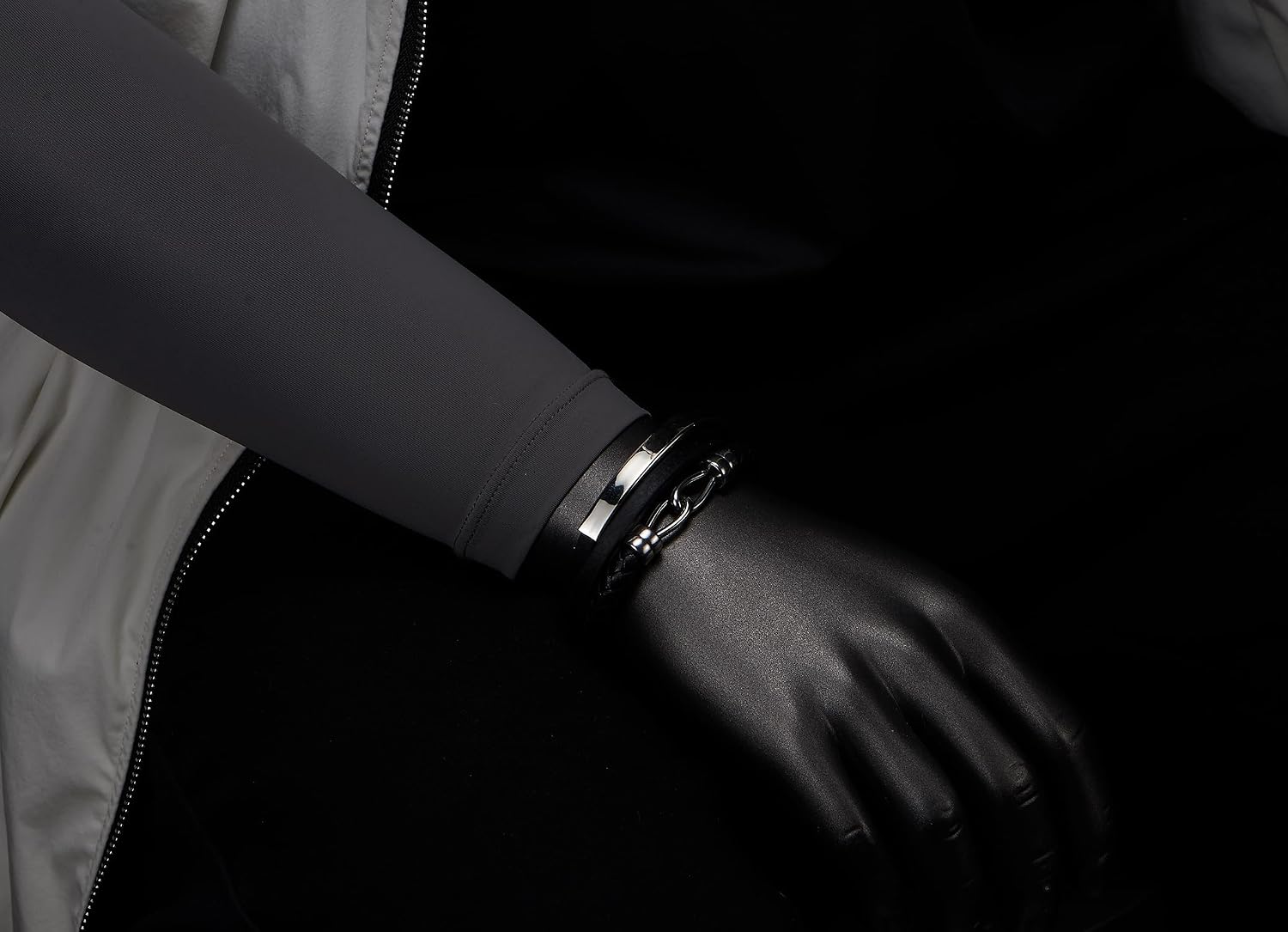 Men’s Black Leather Bracelet with Steel Hook and Plate, Three-Strand Braided, Nautical Wristband