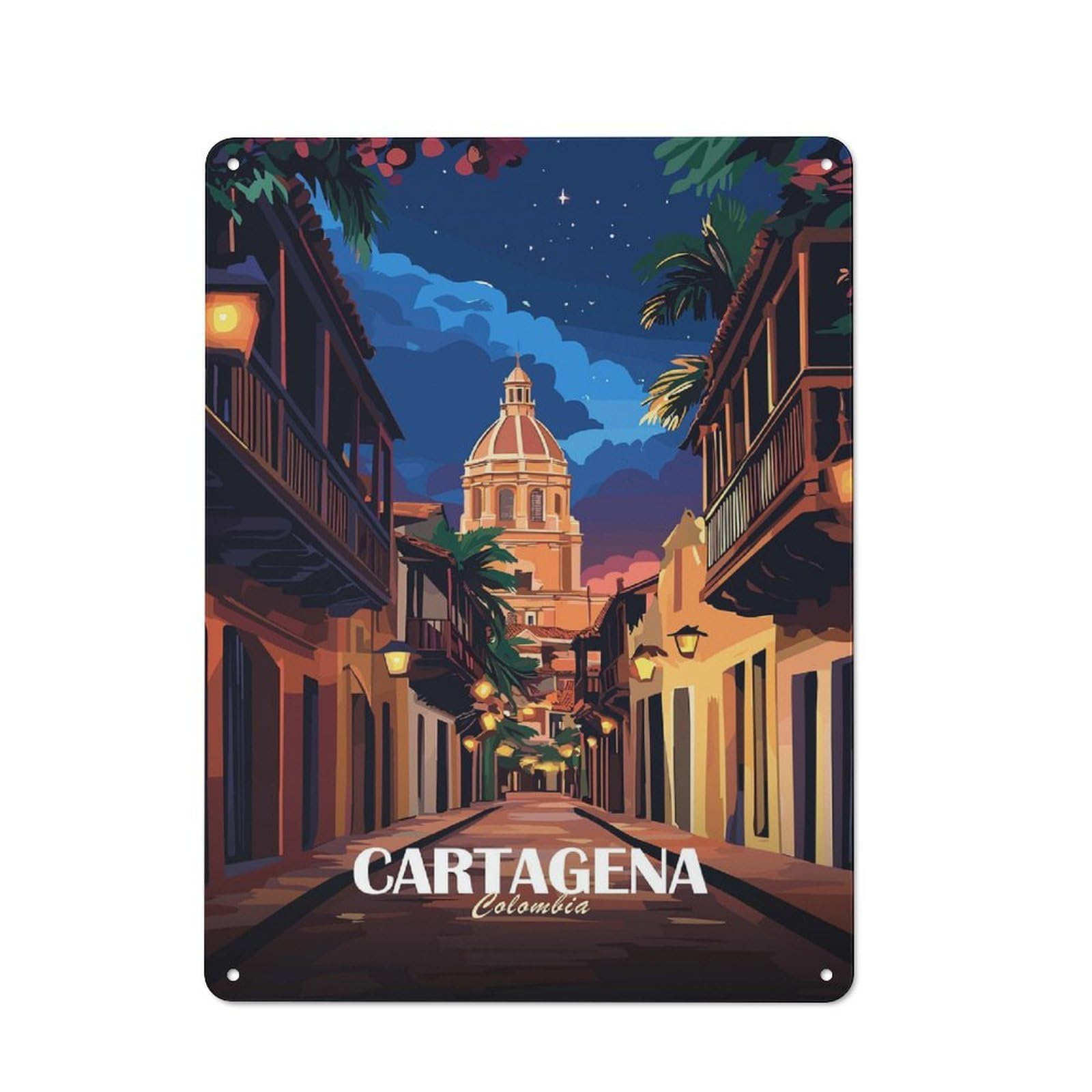 Junmoney Style-24 Cartagena, Colombia Street At Night Vintage Metal Plaque 40X30cm For Living Room Wall, Suited To Living Room Decor Lovers