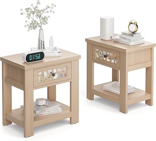 Miniatura 10 de Giantex Mesa auxiliar retro mesa auxiliar de madera con cajón de cristal espejo y estante de almacenamiento abierto mesita de noche para dormitorio