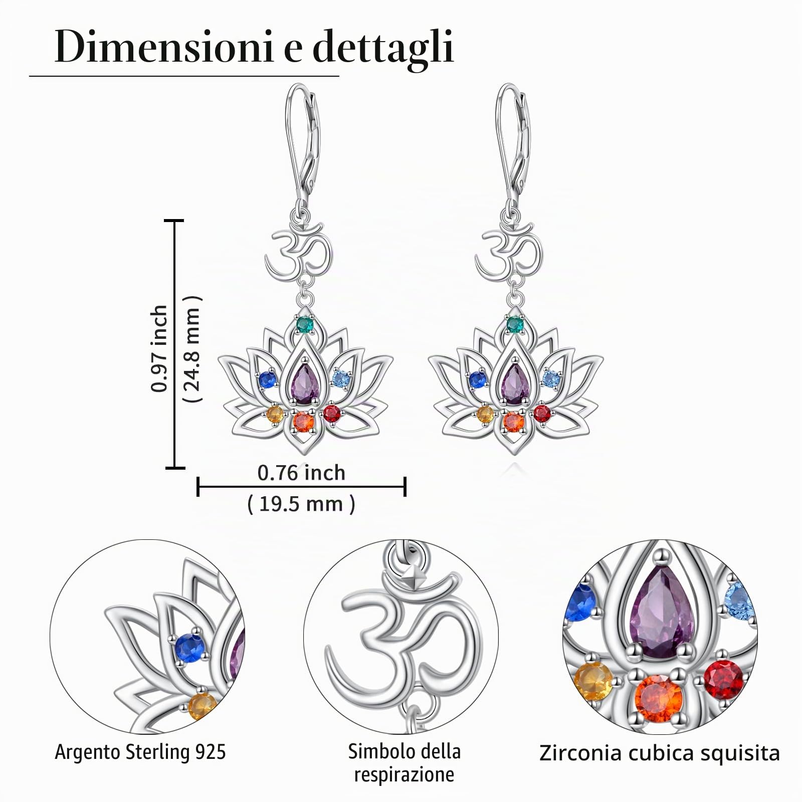 Flyow Lotus Chakra - Set di gioielli in argento Sterling 925 con 7 chakra, orecchini e collana a forma di fiore di loto yoga, regalo da donna, 0,97*0,76 Zoll, Argento sterling, Zirconia cubica