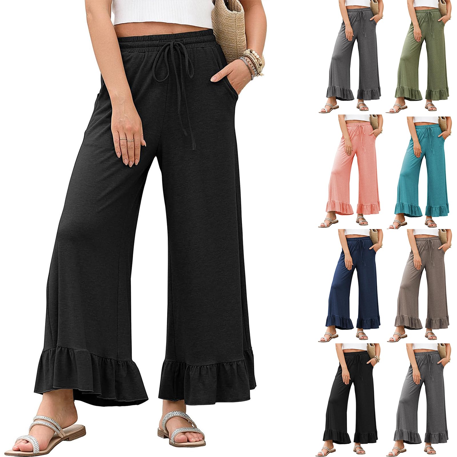 Wide Leg Pants Woman High Waisted Drawstring Ruffle Hem Palazzo Pants with Pockets Casual Elastic Waist Boho Flowy Beach Pants Plus Size Dress Pants Flared Yoga Pants for Women Summer Pants for Woman