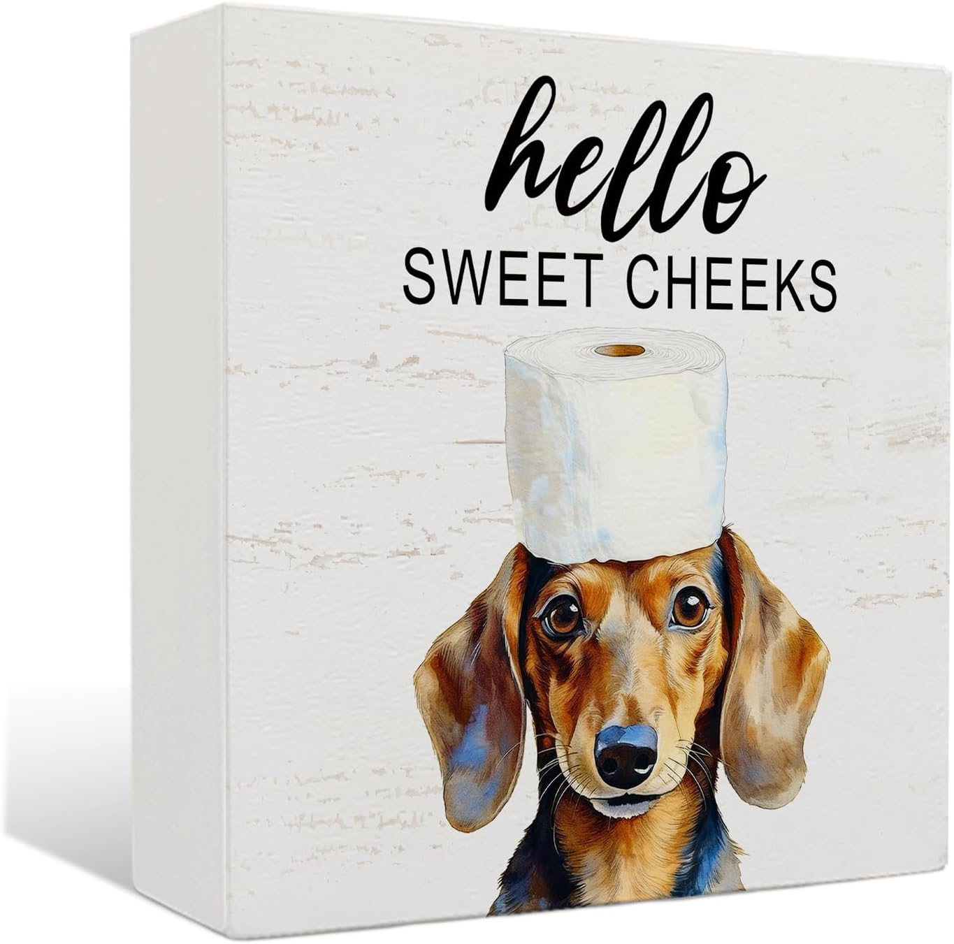Nrleey Funny Dachshund Bathroom Decor - Hello Sweet Cheeks Bathroom Decor, Funny Wiener Dog Wooden Box Sign, Weiner Dog Gifts for Women, 5 X 5 Inches