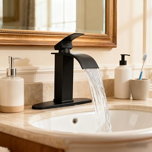 Klabb Black Waterfall Spout Bathroom Faucet,Single Handle Bathroom Vanity Sink Faucet, Rv Lavatory Vessel Faucets Basin Mixer Tap with Deck Plate, Solid Brass/Matte Black