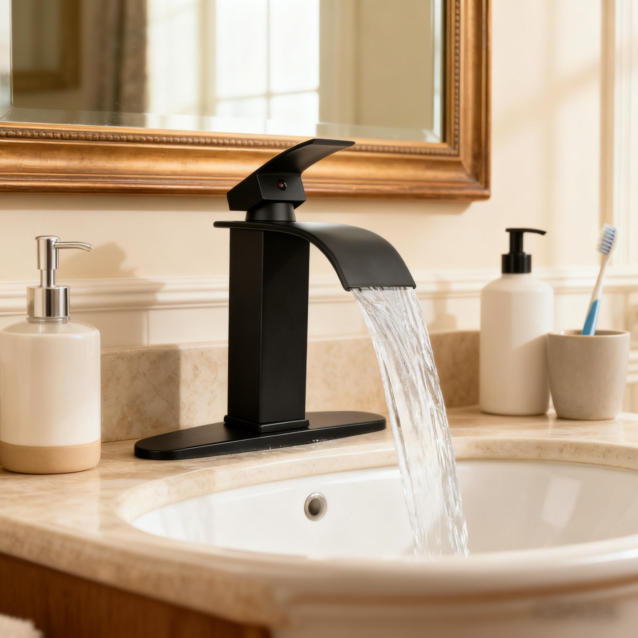 S16 Black Waterfall Spout Bathroom Faucet,Single Handle Bathroom Vanity Sink Faucet, Rv Lavatory Vessel Faucet Basin Mixer Tap with Deck Plate, Solid Brass/Matte Black