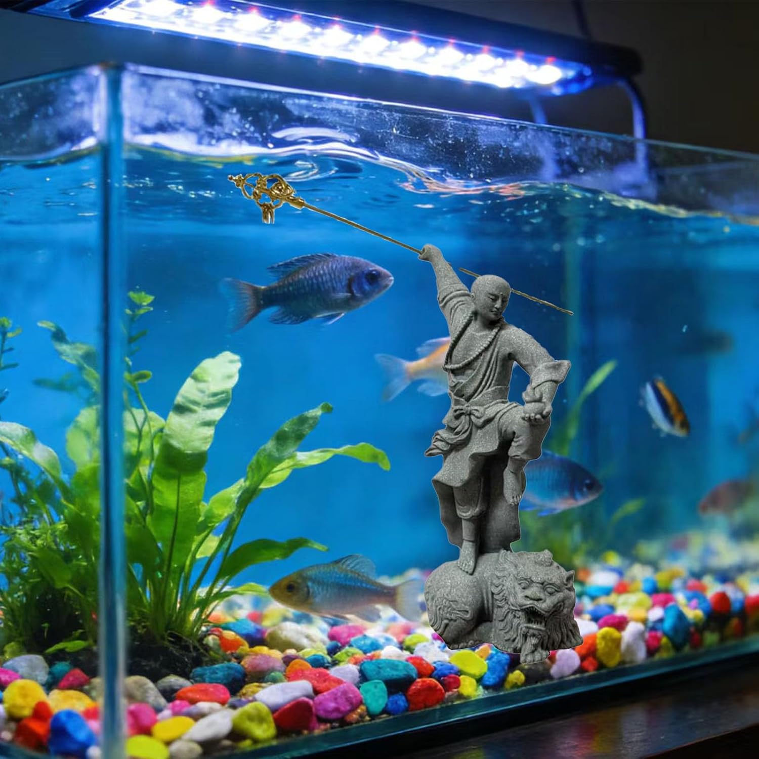 Aquarium Zen-Inspired Buddha Statue Ornament, Sandstone Buddha Statue Decoration - Comes with a Gold Staff, Suitable for Fish Tanks and Home décor