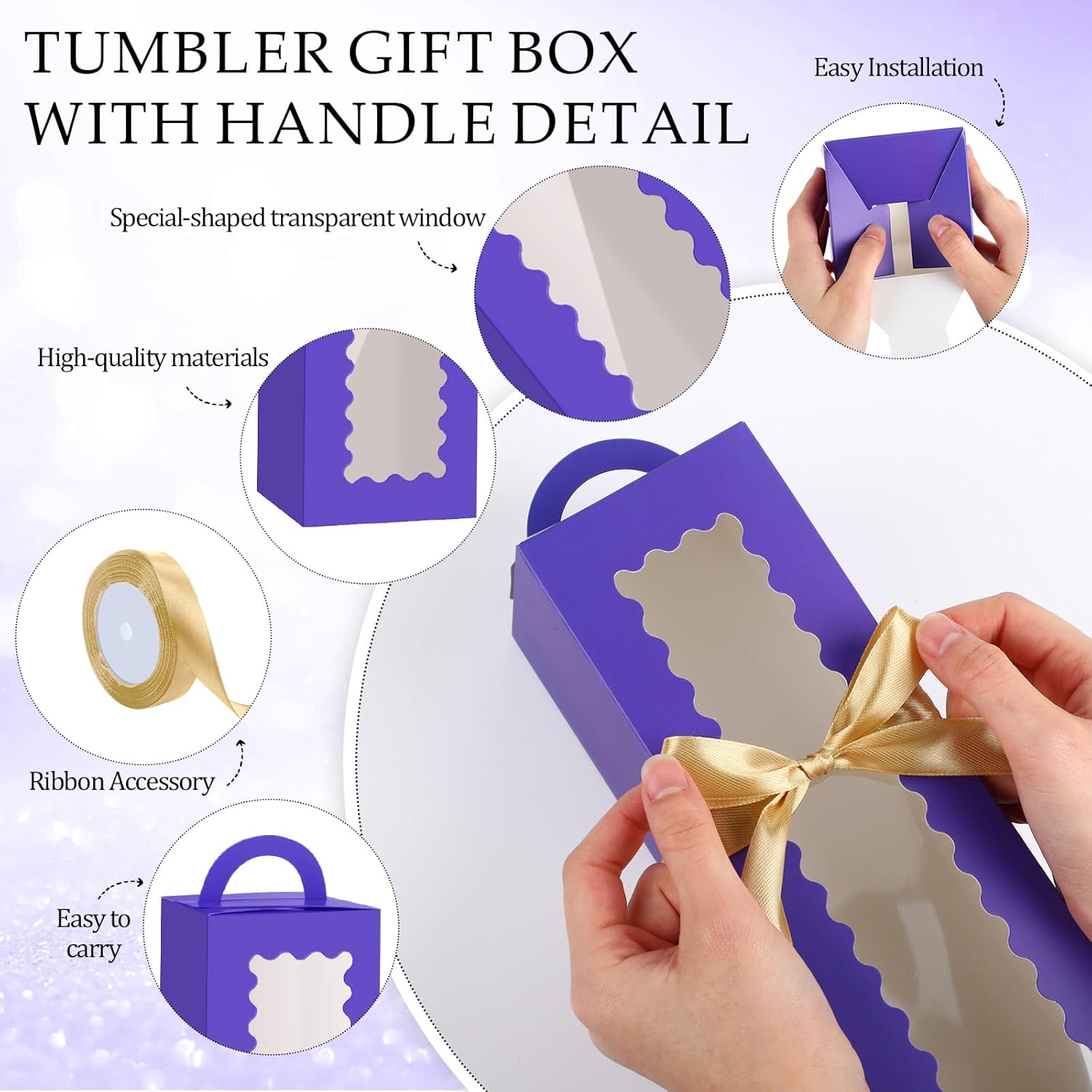 Windyun 100 Pcs Tall Tumbler Gift Boxes with Ribbons Bulk, Window Handle for 30oz 20oz 16oz 12oz Clear Wine Glass Jar Gift Box for Sublimation Packaging Wrapping Shipping 11 x 3.4 x 3.4'' (Purple)