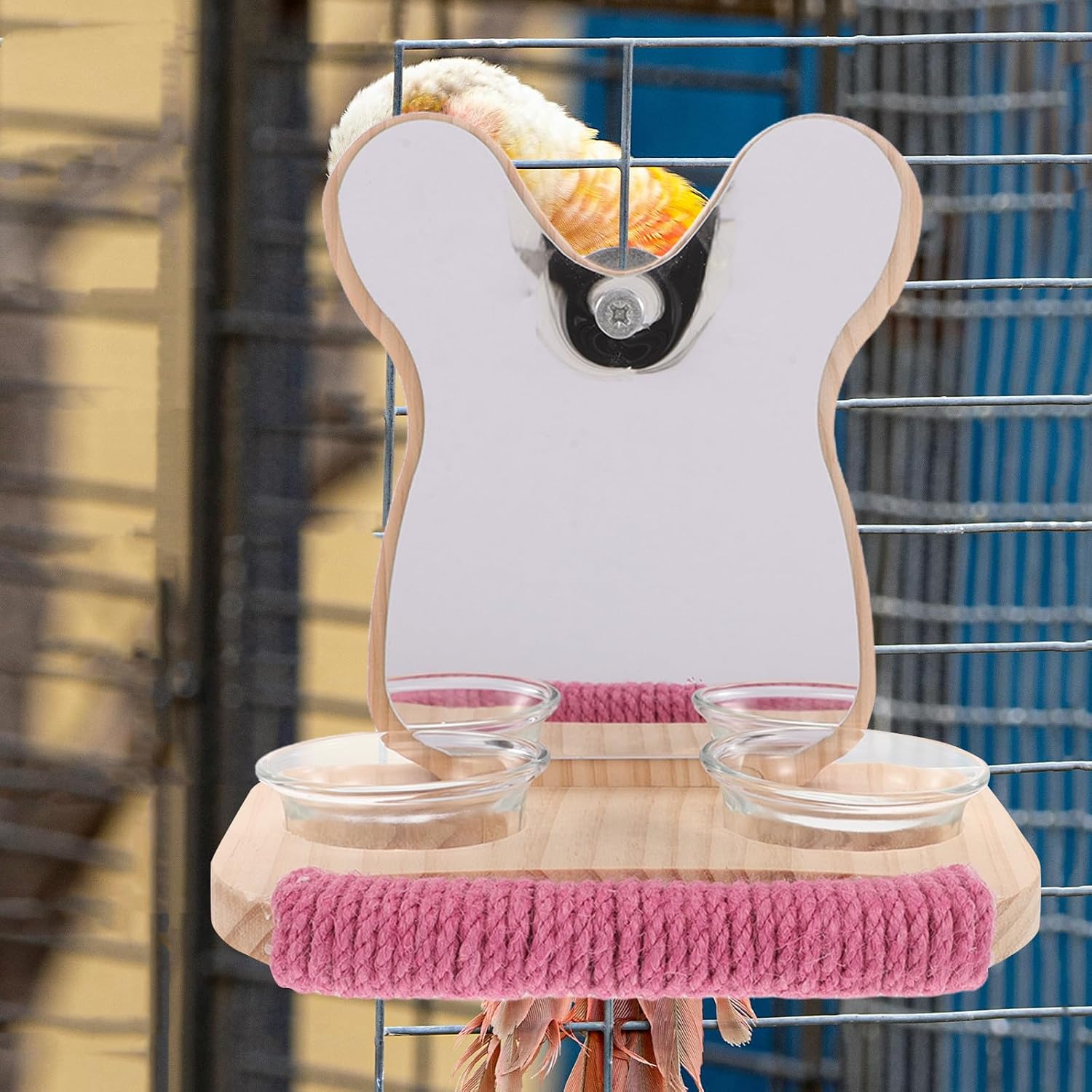 Wooden Parrot Play Stand with Integrated Feeding Bowl and Mirror, Elegant Platform Perch for Cockatiels and Parakeets, Versatile Feeding Station for Birdcage Accessories