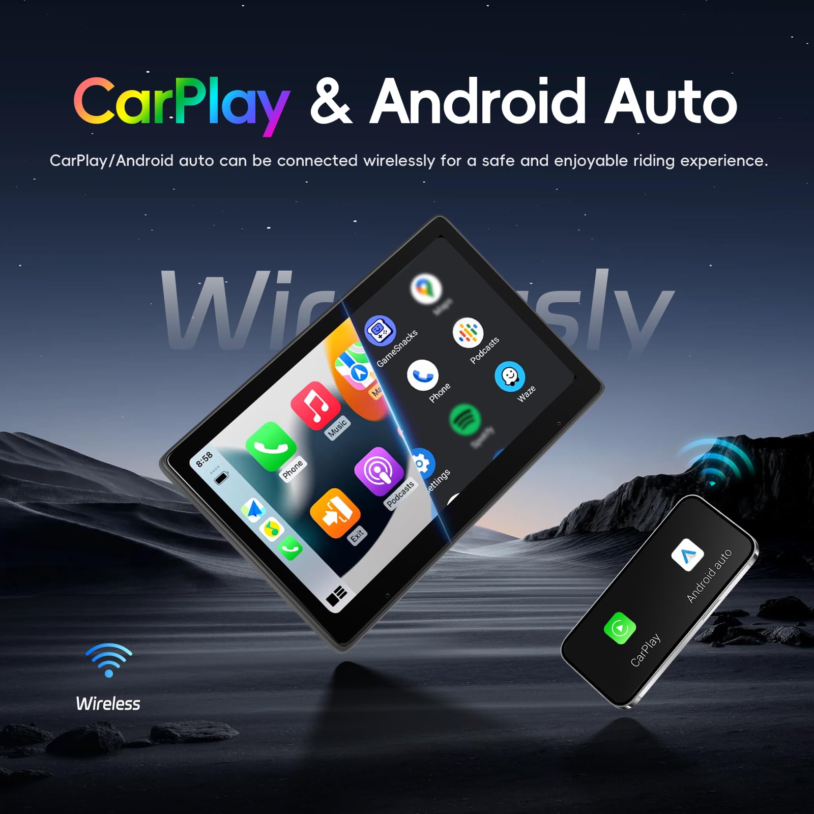 CAMECHO 10.1 Pouces IPS HD Écran Tactile Lecteur Portable Voiture, Moniteur Vidéo avec Appuie-tête Compatible Wireless Carplay/Android Auto Super Link Bluetooth FM, Type-C/USB Plug&Play+64G/Carte TF