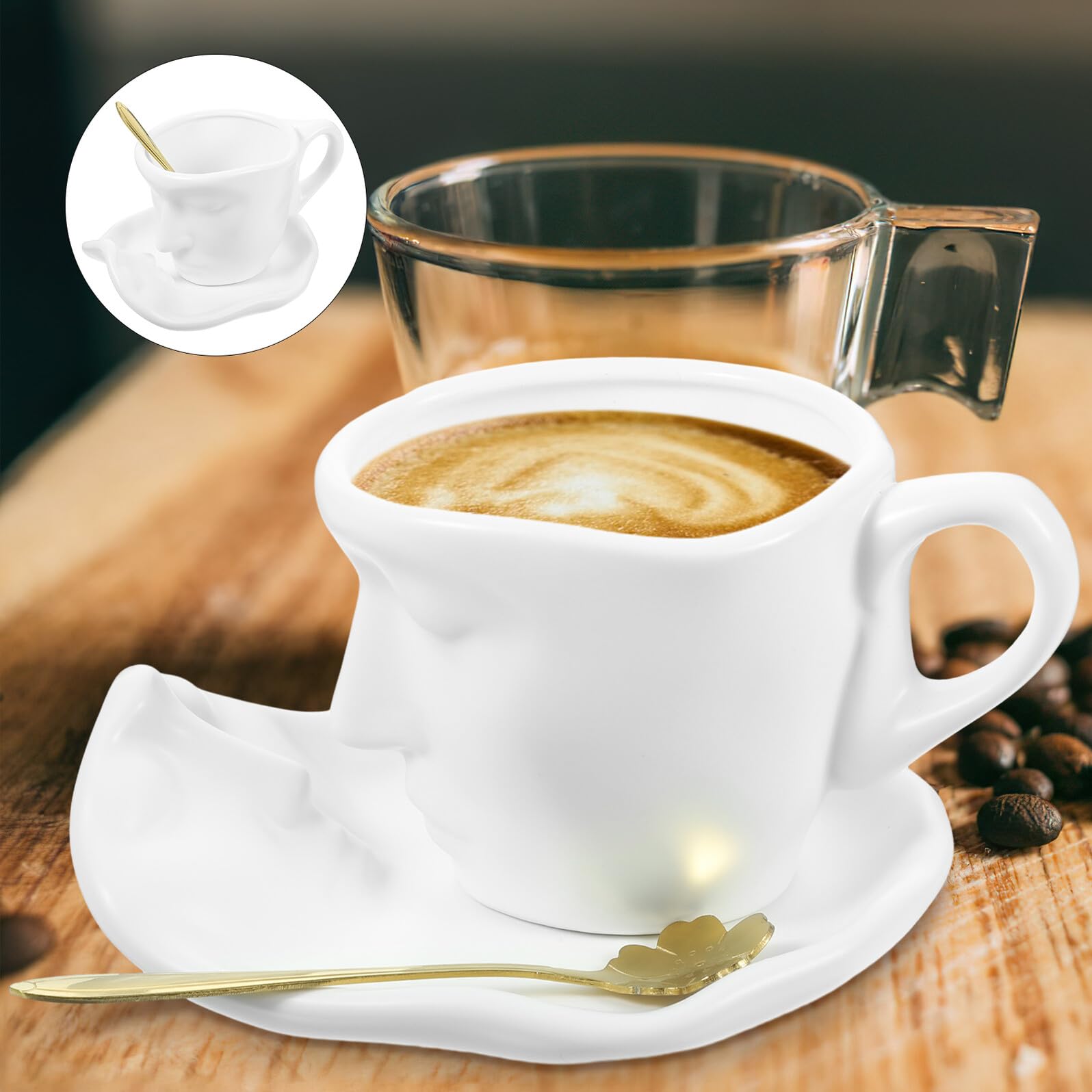 BESPORTBLE Keramik Kussbecher Satz mit Untertasse Mattweiß Porträt Reliefdesign Mittelgroß Kratzfest und Hitzebeständig für Kaffee und Tee Zuhause und Büro