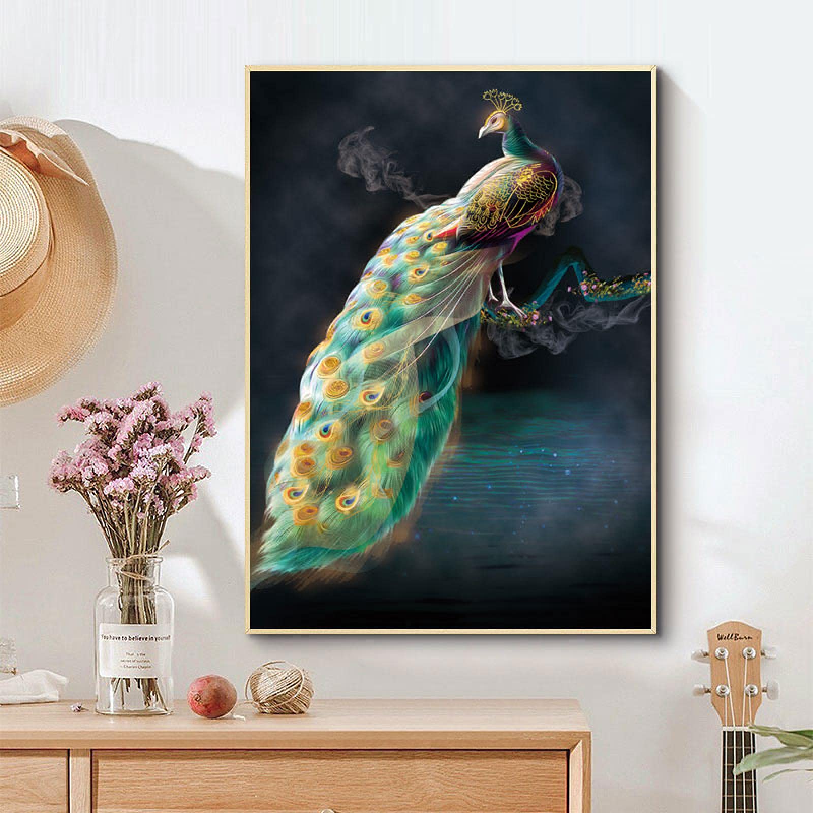 GLWDME Estilo europeo, chino, pintura impresa en lienzo, arte colorido esmaltado, carteles e impresiones de pavo real para decoración de habitaciones, Enmarcado, 1 Pedazo