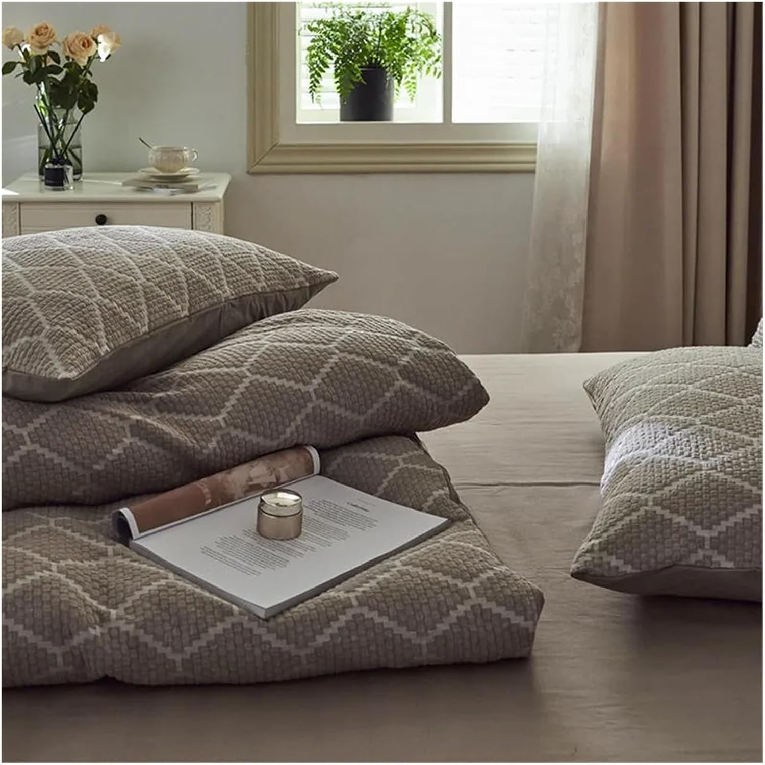 100% Cotton Yarn-Dyed Diamond Jacquard Blanket Cover Set Double Queen King 4Pcs Soft Boho Comforter Cover Bed Sheet Pillow Shams,Bed