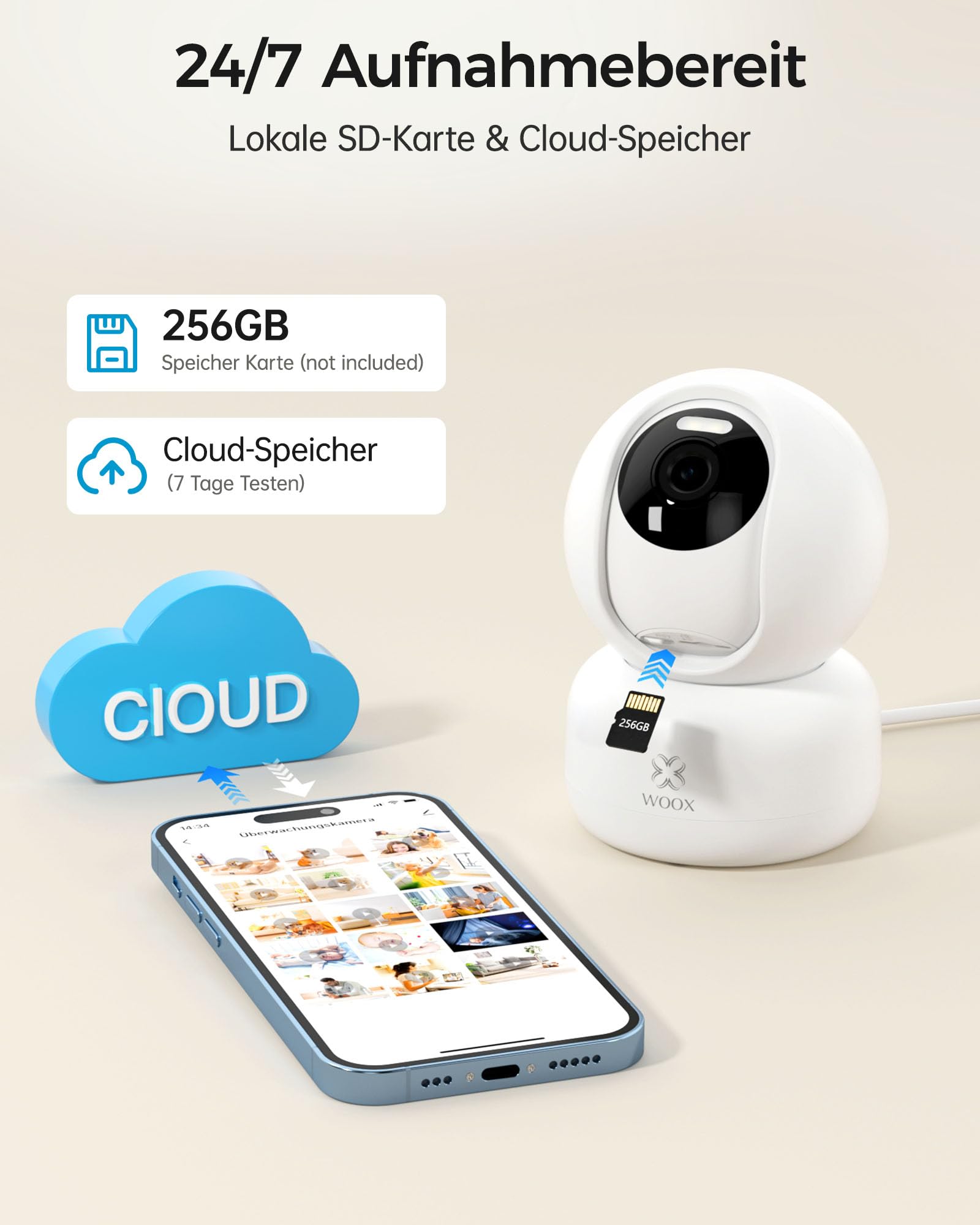 Woox Cámara de seguridad para interiores, 2K, Wi-Fi de 360°, cámara interior para perros con visión nocturna en color, reconocimiento de gritos personal/bebé, seguimiento de automóviles, audio