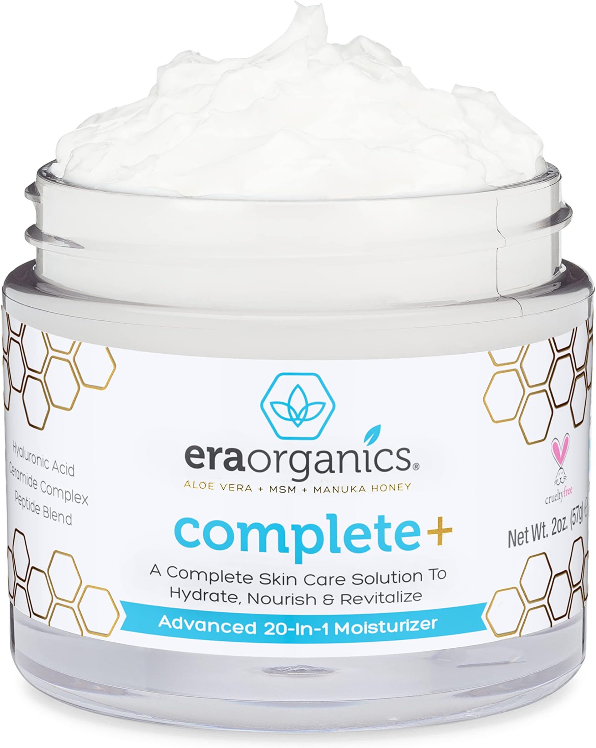 Era Organics Moisturizer Cream - Natural Face Moisturizer For Women & Men to Nourish & Hydrate Dry Sensitive Skin- Soothing Manuka Honey, Anti Aging Hyaluronic Acid, Firming Peptide Ceramide Cream 2oz