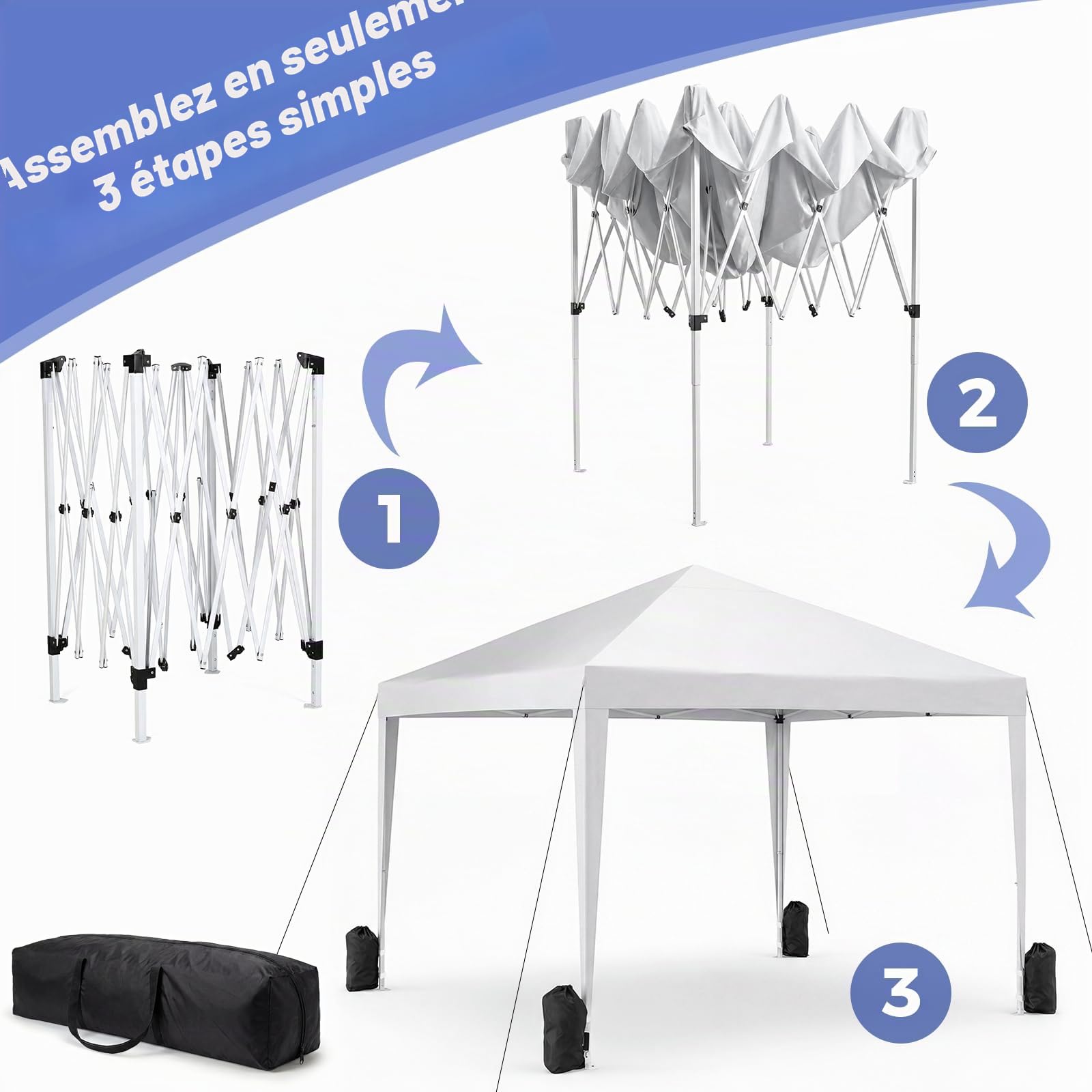 VOWNER Tonnelle Pliante 3x3m Imperméable, Barnum Pliant de Jardin Extérieur, Pavillon Pop-Up avec Sac de Transport, Sac Lesté, pour Jardin, Camping, Fête, Mariage, Blanc | Pavillon imperméable de jardin extérieur avec sac de transport et sacs lestés