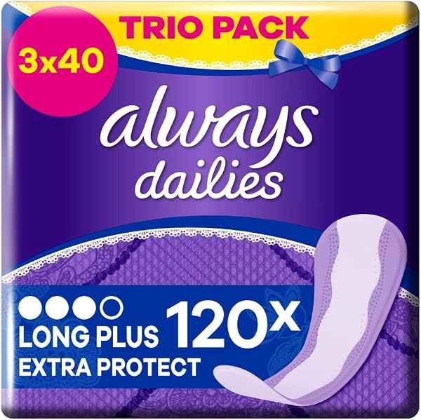 Always Dailies Extra Protect Long Plus Lot de 120 protège-slips avec technologie neutralisant les odeurs, parfum discret et design respirant avec protection anti-fuite, 3 x 40 serviettes hygiéniques - 1