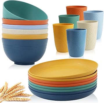 Wheat Straw 10 Inch Deep Plates, 26 OZ Bowls and 16 OZ Cups Bundle Set of 20, Lightweight & Unbreakable Dinner Plates Cereal Bowls Drinking Cups Multicolor