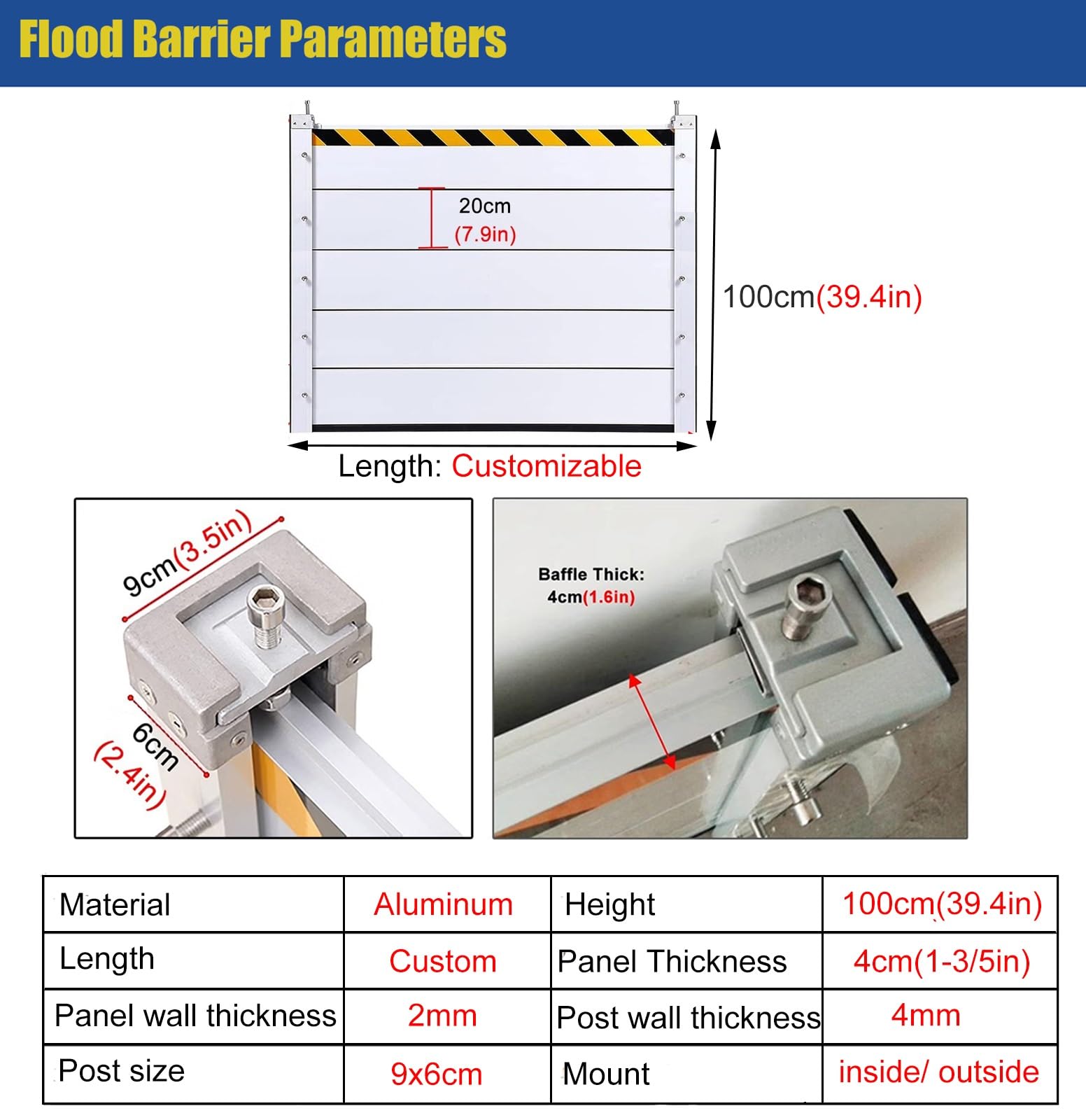 JYHHCYS Reusable Flood Protection Barriers for Home - Garage/Front Door/Gates Door Flood Barrier - Commercial Detachable Aluminum Flood Water Barrier 2 4 6 8 10 12 14ft Long(L 2ft(61cm))