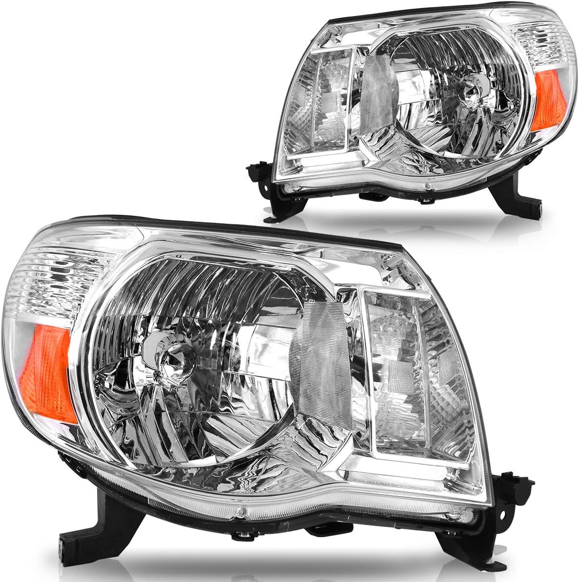 oEdRo Headlight Assembly Compatible with 2005 2006 2007 2008 2009 2010 2011 Tacoma Headlamp with Amber Reflector Clear Lens Chrome Housing