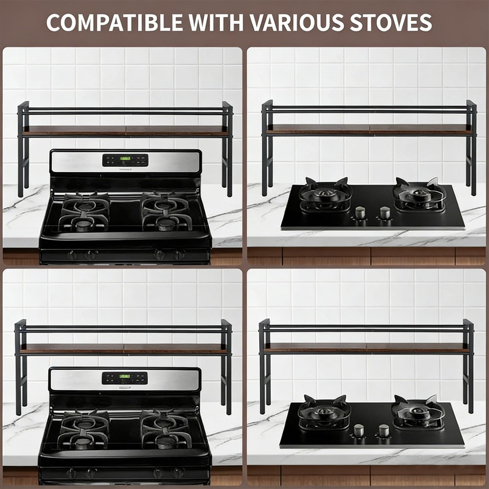Greabuy Moderno soporte para condimentos de cocina con base de madera y estructura de hierro, excelente para organización compacta de áreas, estante de cocina negro