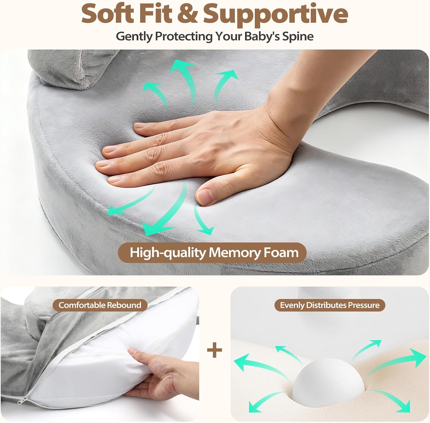 Nursing Pillow - Memory Foam Bottle & Breastfeeding Pillow with Safety Fence - Ergonomic Support, with Wider Breast Feeding Cushion, Adjustable, Removable Cover, Baby Safety Certified Gray
