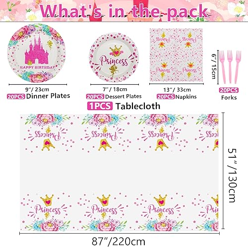 Miniatura 2 de Decoraciones de fiesta de princesa 81 piezas de decoración de castillo, incluyendo platos de papel rosa, servilletas y mantel para decoraciones de