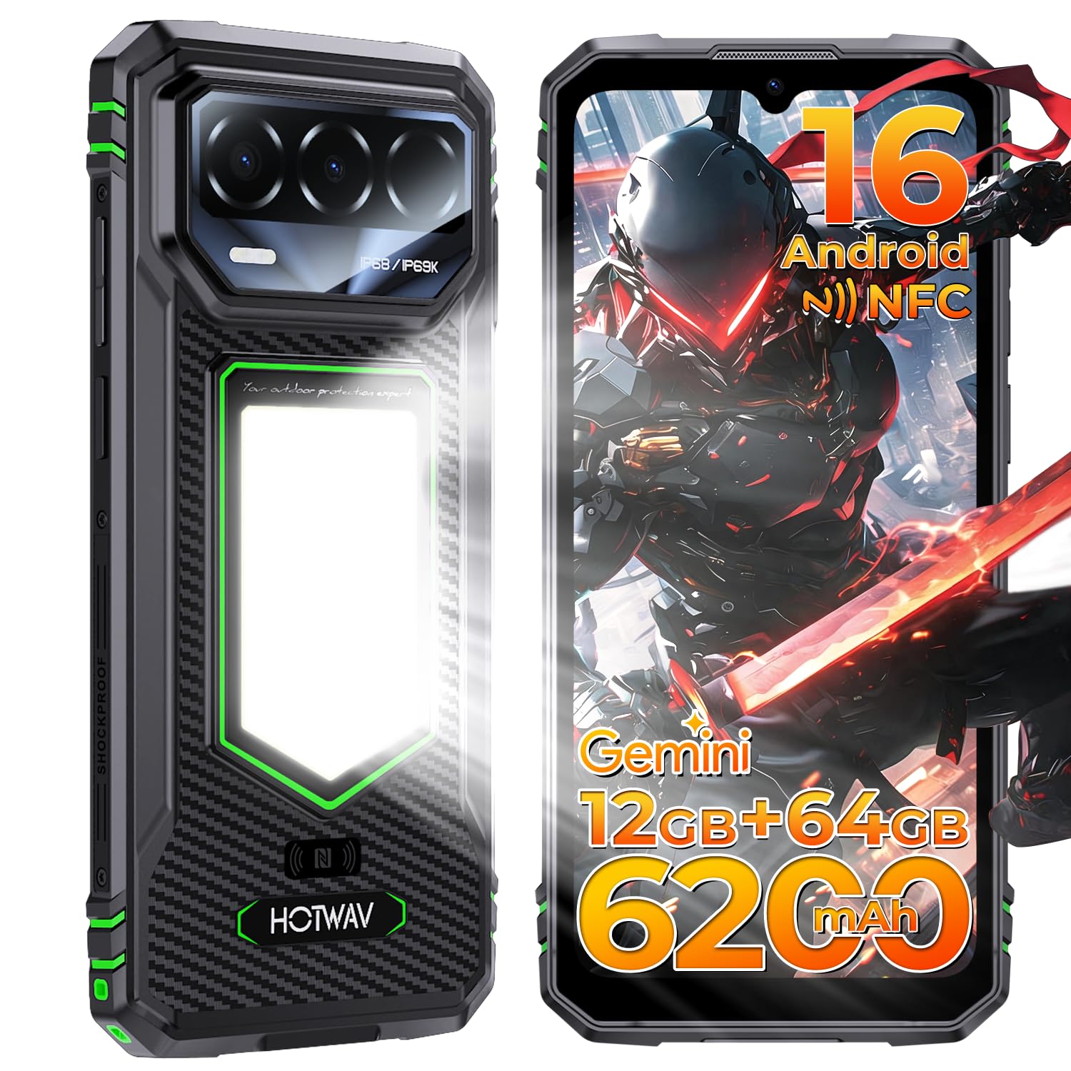 HOTWAV T8 Movil Irrompible 6200mAh Android 16 | 12GB + 64GB /2TB TF,6.75 HD+ 120Hz Teléfono Móvil Resistente20W OTG, IP68&IP69K/GPS/NFC/Face ID/Dual-SIM