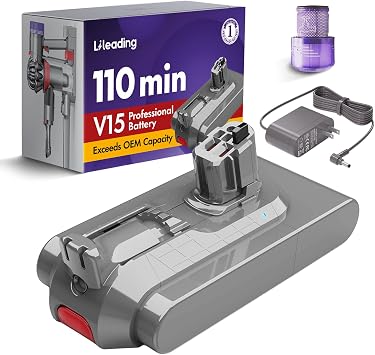 V15 110-Min Runtime Battery Replacement with Samsung Battery Cells, Compatible with Dyson V15 Models, Animal, Torque Drive, Outsize, SV15/16/22/28/29, 970425-01, Includes Filter & Charger